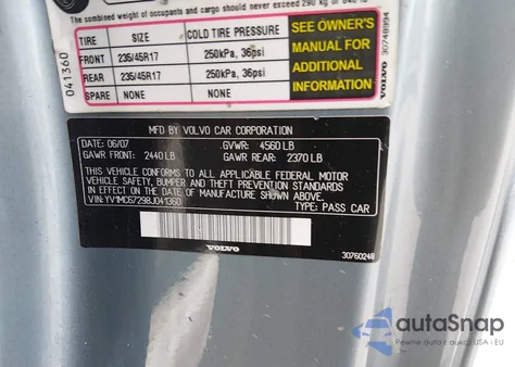 2008 Volvo C70 T5 from USA, damaged, VIN YV1MC67298J041360